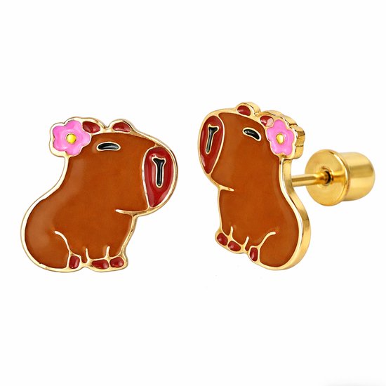 La Rosa Princesa Capibara Boucles d'oreilles rose Petite fleur Couleur or Acier chirurgical – Fermeture à vis Puces d'oreilles Kinder Fille plaqué or