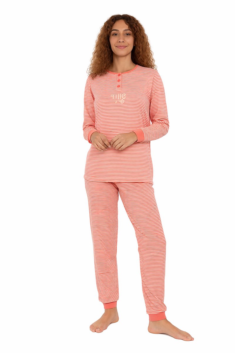 Cocodream Quality Dames pyjama katoen - peach - stripes Peach, gestreept