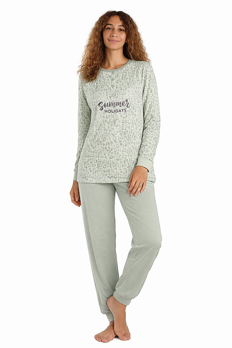 Cocodream Quality Dames pyjama katoen - groen - cheeta Groen, Cheeta Print