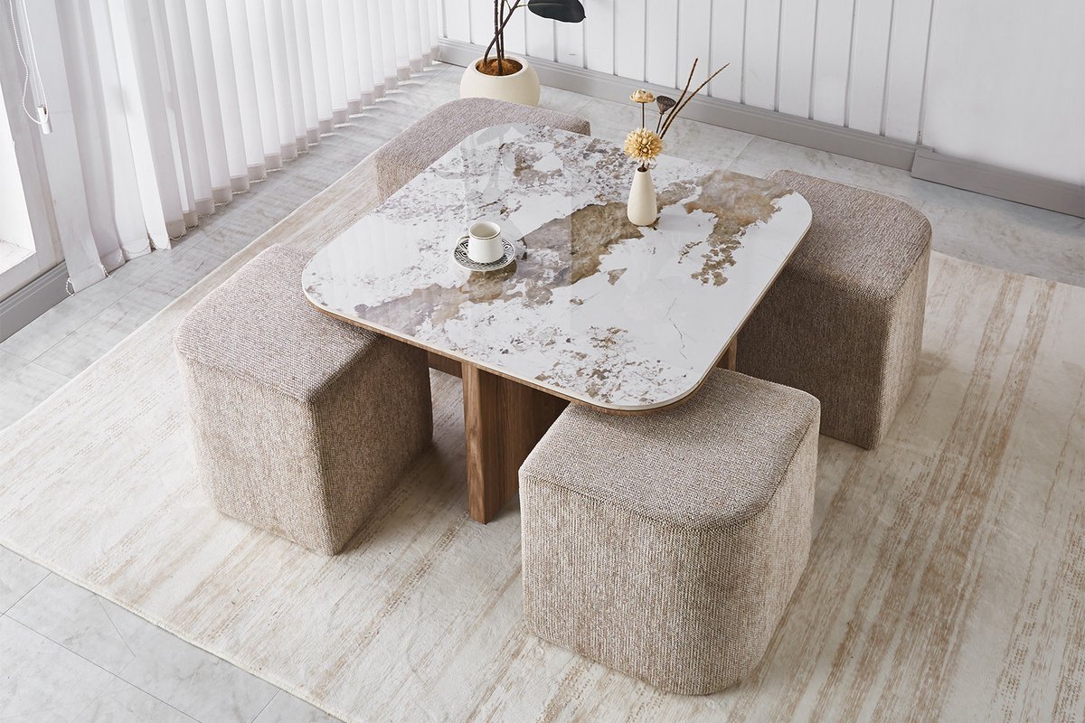 Salontafel 'Evora' met 4 poefs stof Glanzend Steen Pandora Beige - H 45cm x L 80 x B 80cm