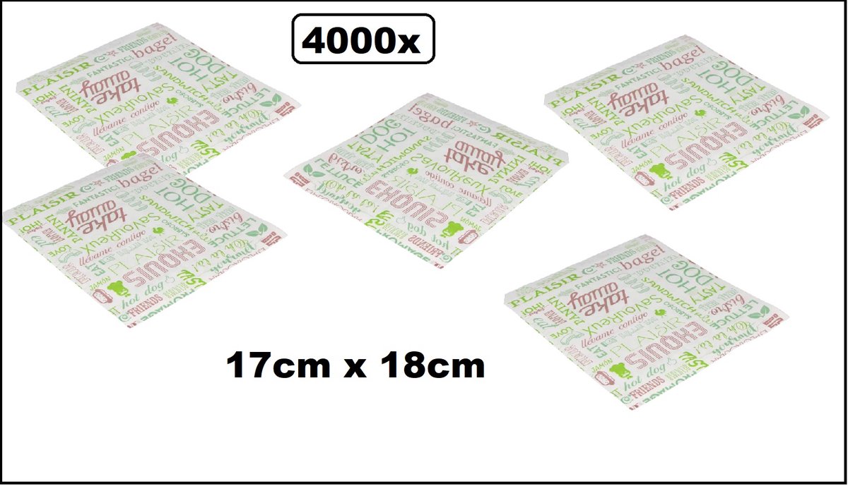 4000x Snack zakje papier Take away color 17x18cm - hamburger zakje - hip broodje festival themaparty festival carnaval