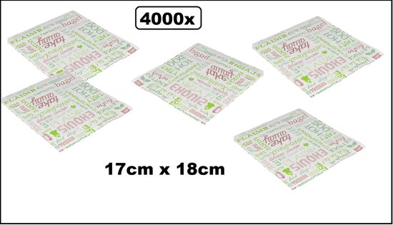 5 papieren zakjes met tekst "Take away" en diverse voedselgerelateerde woorden in groen en roze. Afmeting 17x18cm.
