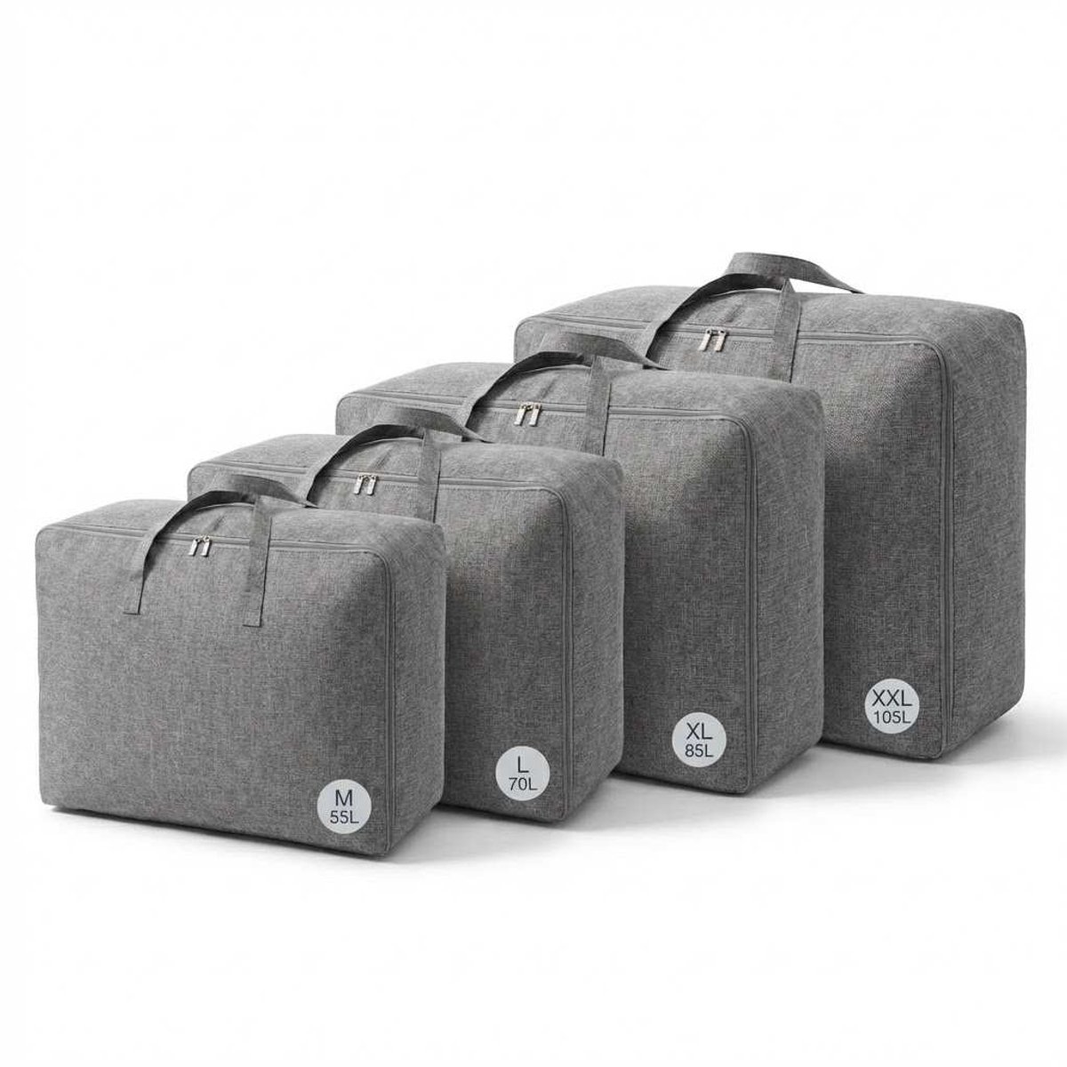 DIVERZA Opbergtas Set 4-delig M L XL XXL (55L 70L 85L 105L) – Opberghoes voor Dekens, Kussens, Kleding en Dekbed – Grote Kledingzakken met Rits en Handgrepen – Grijs