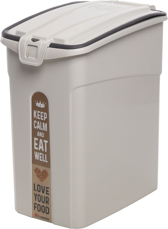 Beige kunststof voerton met deksel met klepje en tekst 'Keep calm and eat well'