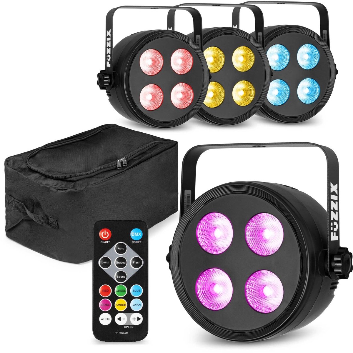 Fuzzix set van 4 PLF20 Party LED parren in flightbag - 4x 12W LED’s - Met DMX en afstandsbediening