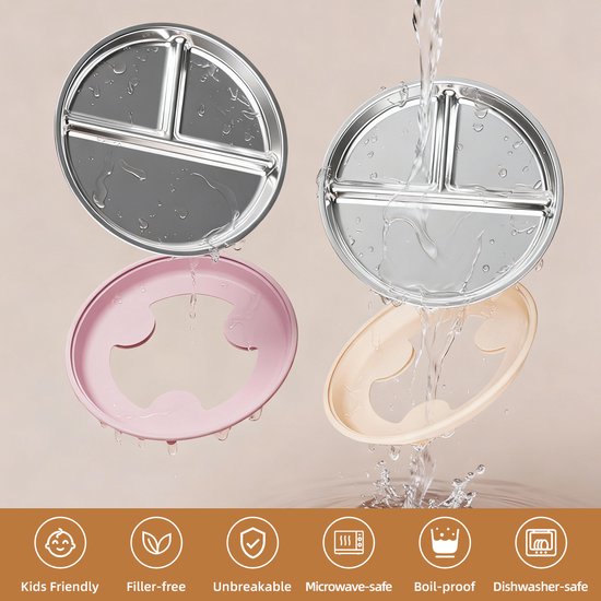 RVS Baby Bord - Roestvrijstalen Kinderbord met Siliconen Zuignap - Roze - Verdeelbord met 3 Vakjes - Antislip Bord voor Baby’s en Peuters - BPA-vrij - Vaatwasser- en Magnetronbestendig - 21x21 cm van rvs — afbeelding 5