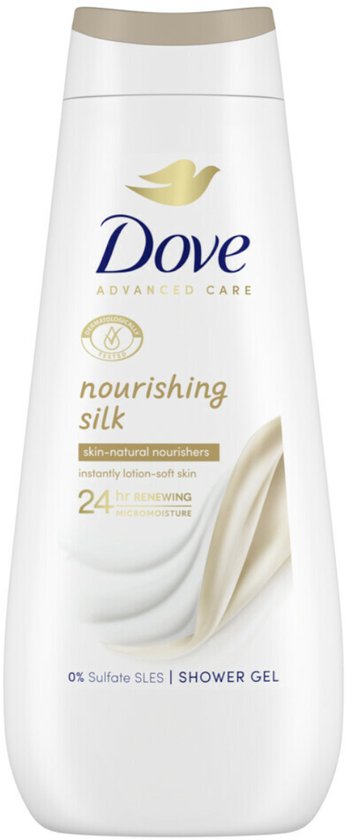Witte douchegel fles van Dove met gouden accenten. "Nourishing Silk" staat erop.