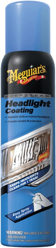 Meguiar's Keep Clear Headlight Coating spuitbus met blauwe dop en op de fles een afbeelding van een koplamp. "KEPT HEADLIGHTS CLEAR FOR 1 YEAR!"
