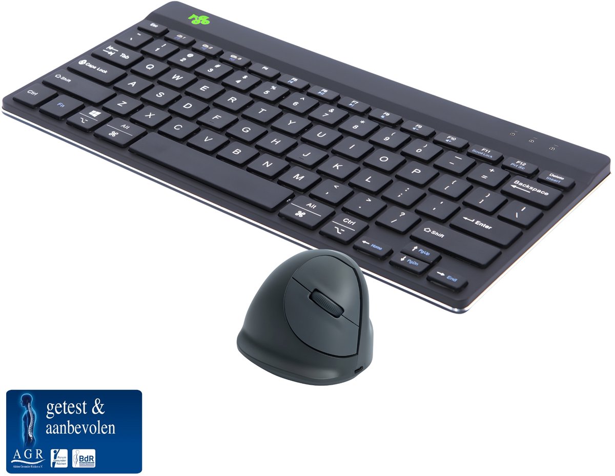 R-Go Compact Break - Ergonomisch Toetsenbord & Ergonomische Verticale Muis - Bluetooth - Break software - QWERTY US - Draadloos - Zwart / Grijs