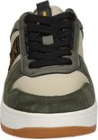 Voorkant van een PME Legend sneaker in beige, groen en zwart leer en suède, met zwarte veters.