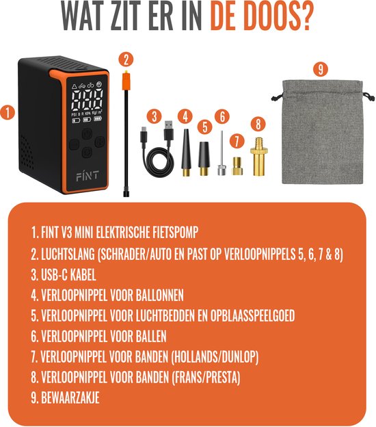 FÍNT® V3 MINI Elektrische Fietspomp - Luchtcompressor - voor Fiets, Scooter, Motor en Ballen - Elektrische Bandenpomp - Oplaadbaar & Draagbaar - Bandenpomp - Compressor - Voor in Noodpakket - PRO van FÍNT® — afbeelding 5