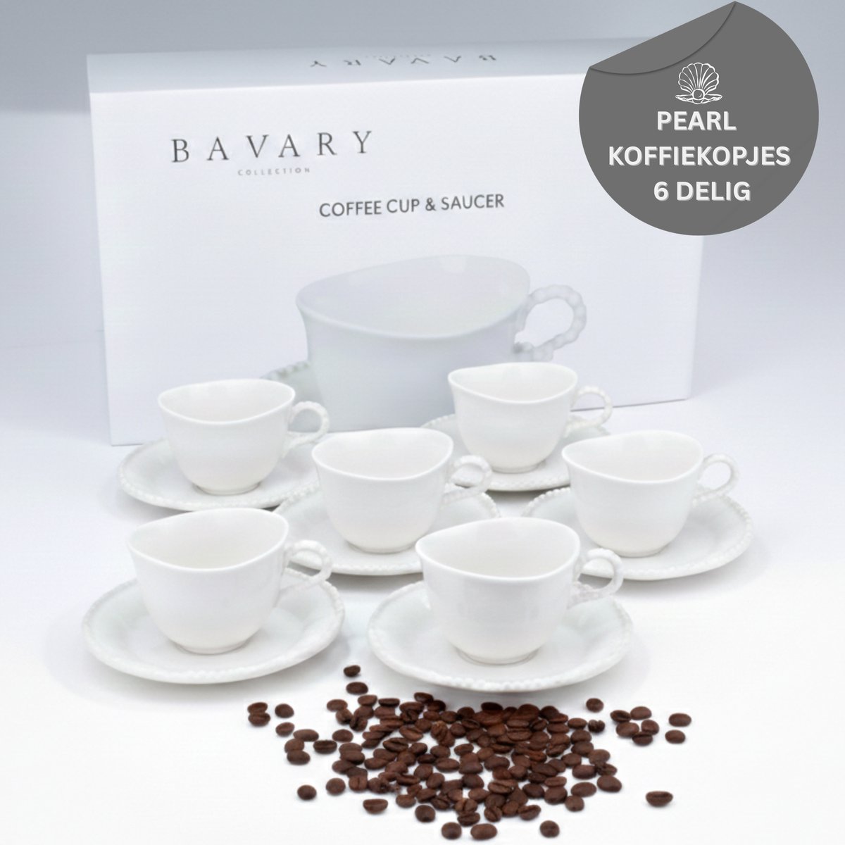 OZ Home Bavary Collection Pearl Espressokopjes - 12-delig - 100 ml - Porselein - Met Schotels - Koffiekopjes