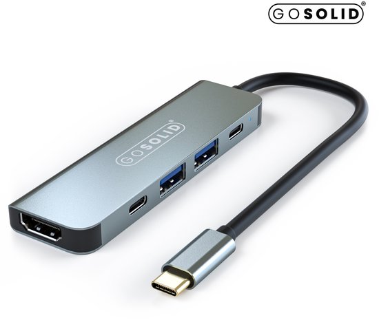 Grijze GOSOLID USB-C hub met HDMI-, USB-C- en USB-A-poorten en een zwarte kabel met USB-C-connector.