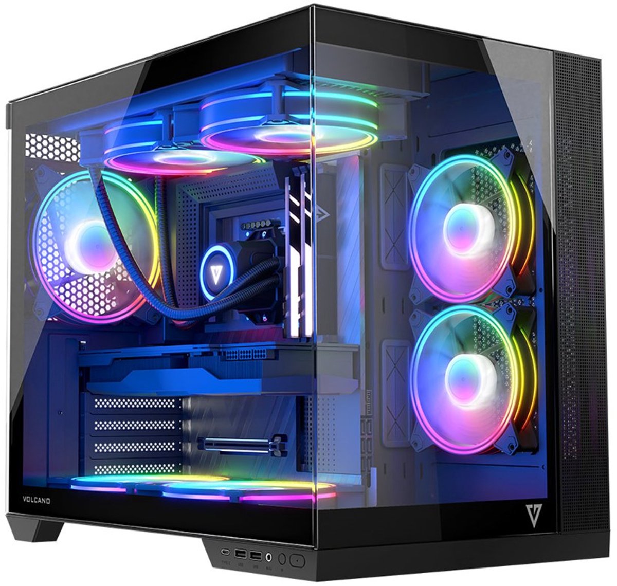 MODECOM Volcano Panorama ARGB Black - Midi Tower Behuizing - Dual-Chamber Design - Panoramisch Gehard Glas - Inclusief 7x ARGB Fans - USB-C - Zwart