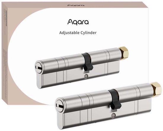 Twee zilverkleurige verstelbare deurslotcilinders op Aqara verpakking.