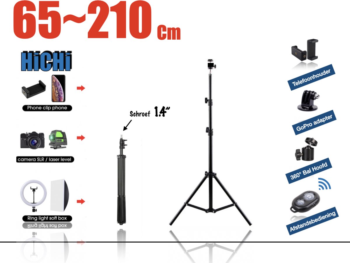 Statief 210Cm Voor Smartphone, Actioncam, GoPro, Fotocamera (Canon, Nikon, Sony en ...) en Spiegelreflexcamera Inc. Bluetooth Remote Shutter, Telefoonhouder, 360 ° Draaigreep horizontaal - Smartphone Statief - Camerastatief - Tripod - Fairco