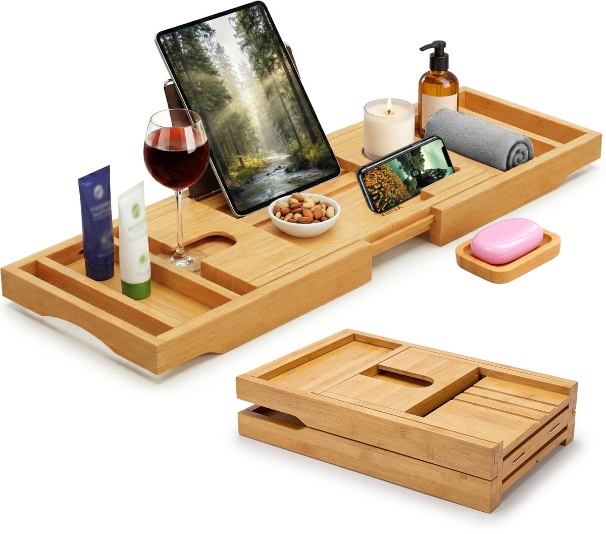 Villux Badplank - Badrek - Doucherek - Uitschuifbaar - Badrekje - Verstelbaar - Tablet houder - Boekenstandaard - Boekensteun - 75 / 109 cm - Bamboe