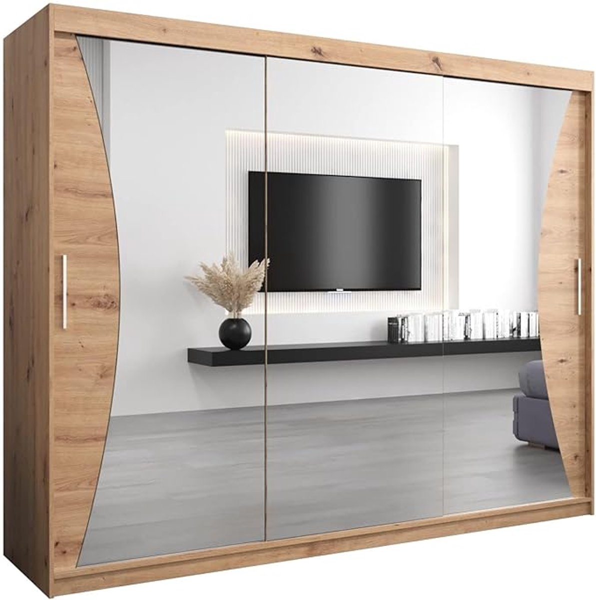 Kledingkast met Spiegel en Schuifdeuren 250x200x62 cm – Moderne Garderobekast met Planken en Kledingstang – Multifunctionele Kast voor Slaapkamer, Hal en Woonkamer – Artisan Eiken – Abkantoor