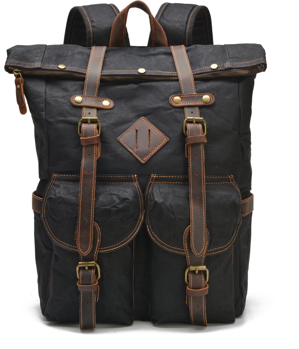 DE LAMASSU® Vintage Canvas Rugzak 45 cm – Unisex Laptop Rugtas 25L – Gewaxed Canvas met Echt Leer – Waterafstotend