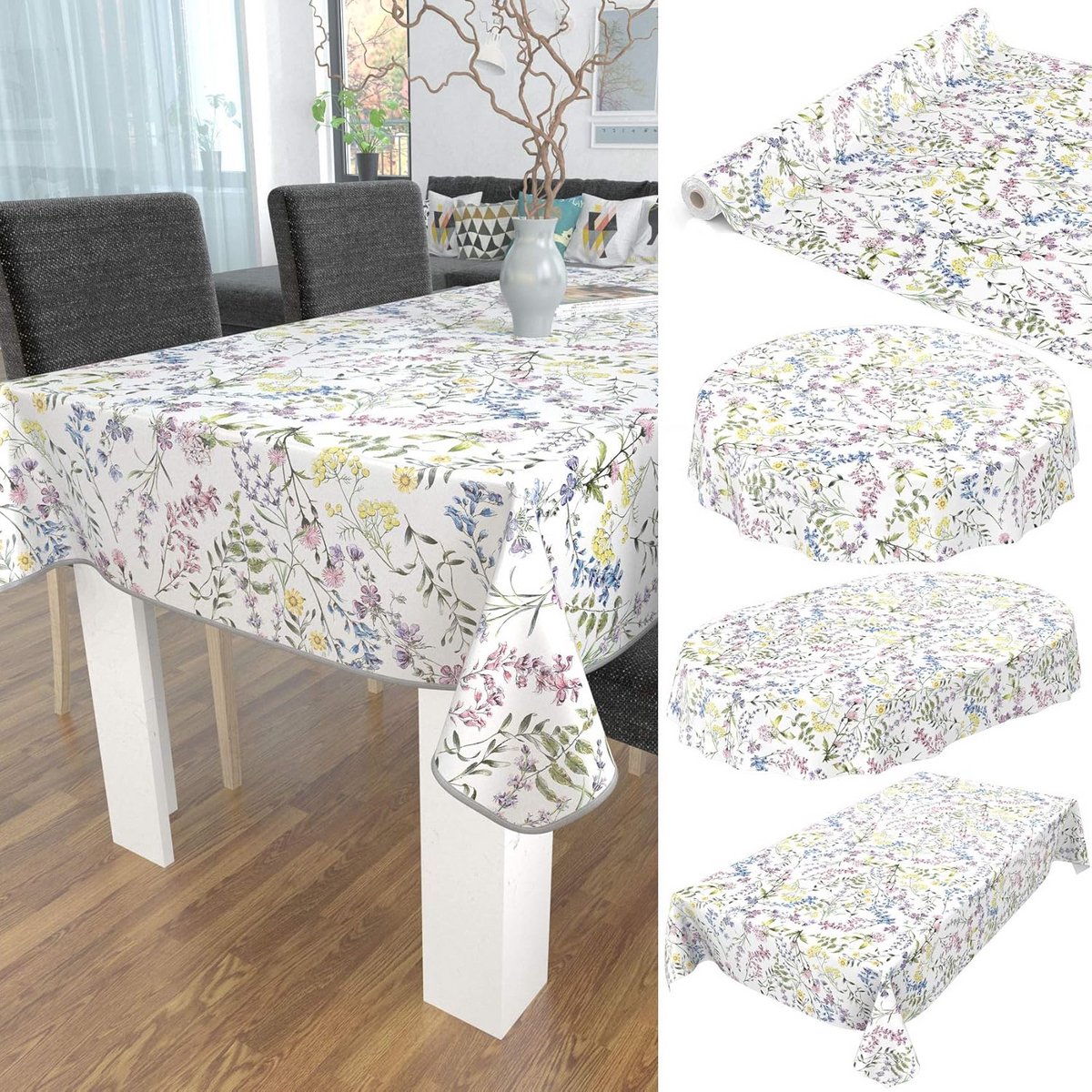 Wasbaar Tafelzeil Bloemenpatroon Wit met Zoom 180x140 cm
