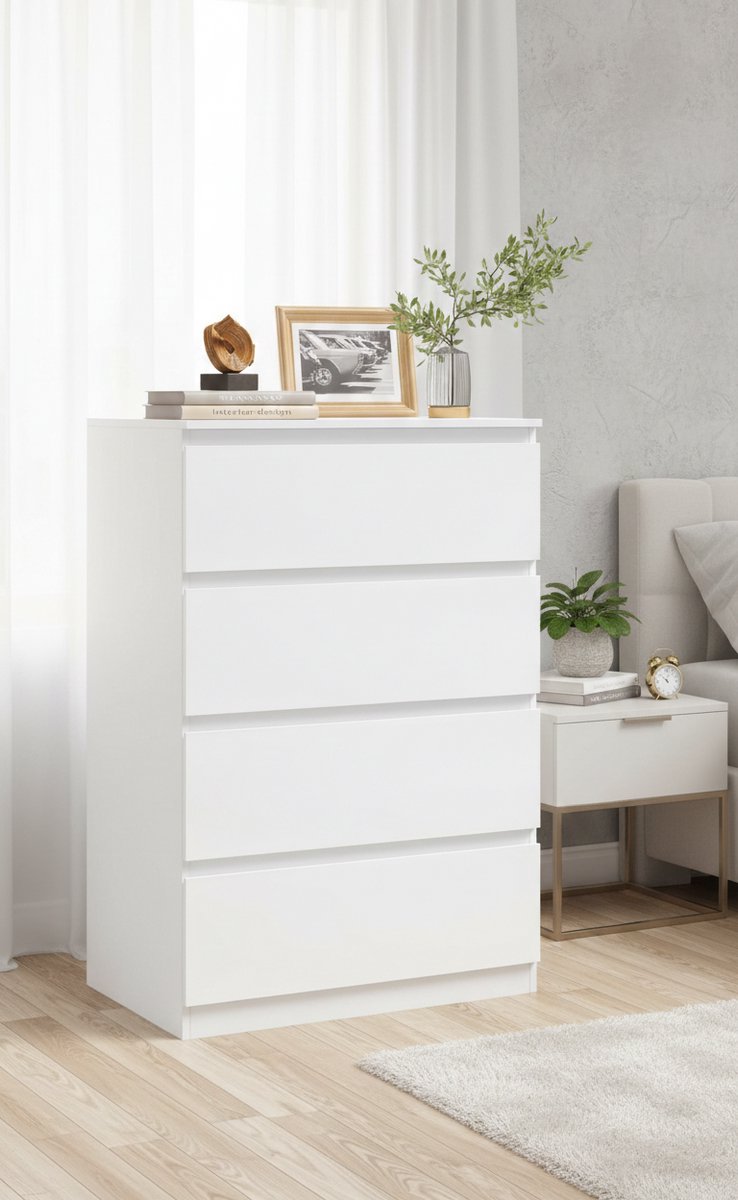 Moderne Witte Commode met 4 Laden – Hoge Opbergkast voor Slaapkamer, Woonkamer, Hal of Keuken – Scandinavisch Design, Veilig en Ruim – 60x40x90 cm Dressoirkast - House&Garden