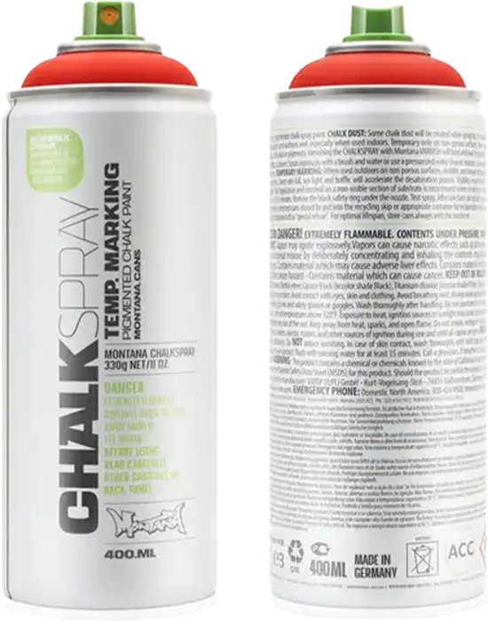 Deux bombes aérosol Montana Chalk Spray, une avec un capuchon rouge et une avec un capuchon vert, sur fond noir.