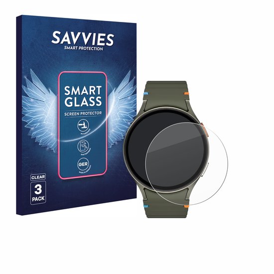 Savvies Smart Glass screenprotector verpakking en een smartwatch met groene band.