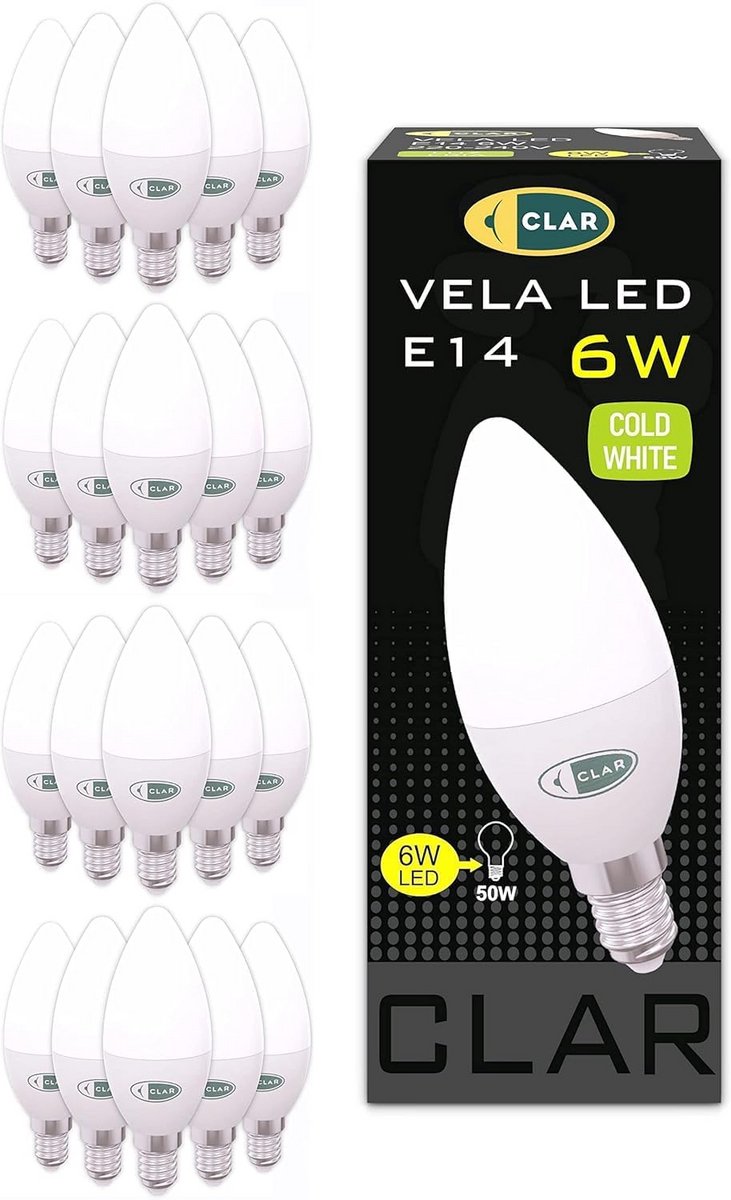 Set van 20 LED Steekfitting Lampen E14 6W Kaarsvormig Koud Wit Licht Energiebesparend