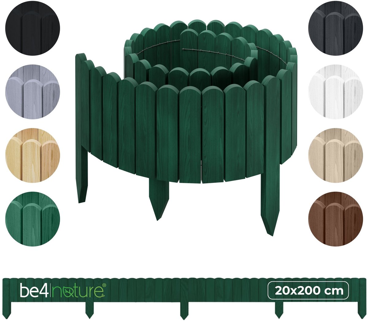 be4nature Flexibele houten border 20 x 200 cm Donkergroen Geïmpregneerde rolborder plantenrand tuinhek decor palissade graskant