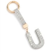 Porte-clés de couleur argentée avec lettre U et pierres de strass – porte-clés initial pour femmes et hommes – anneau de clé métallique avec anneau rond et pendentif de lettre décoratif