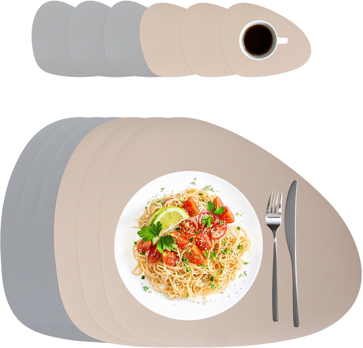 Placemats-set - 6-delig - met onderzetters - grijs-beige