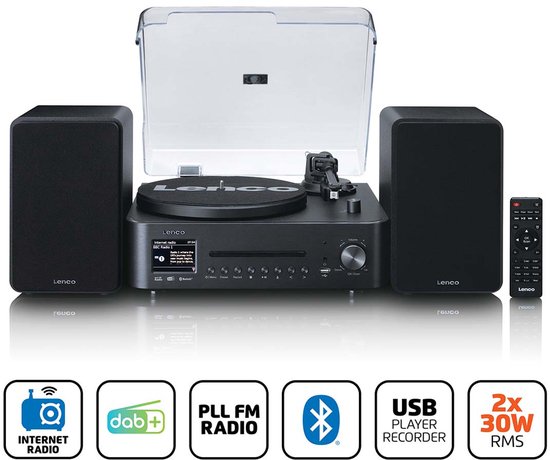 Lenco Platenspeler - MC-760BK HiFi-set met DAB+ FM en Internetradio - CD en Bluetooth - 2x 30W Speakers - Zwart — afbeelding 3