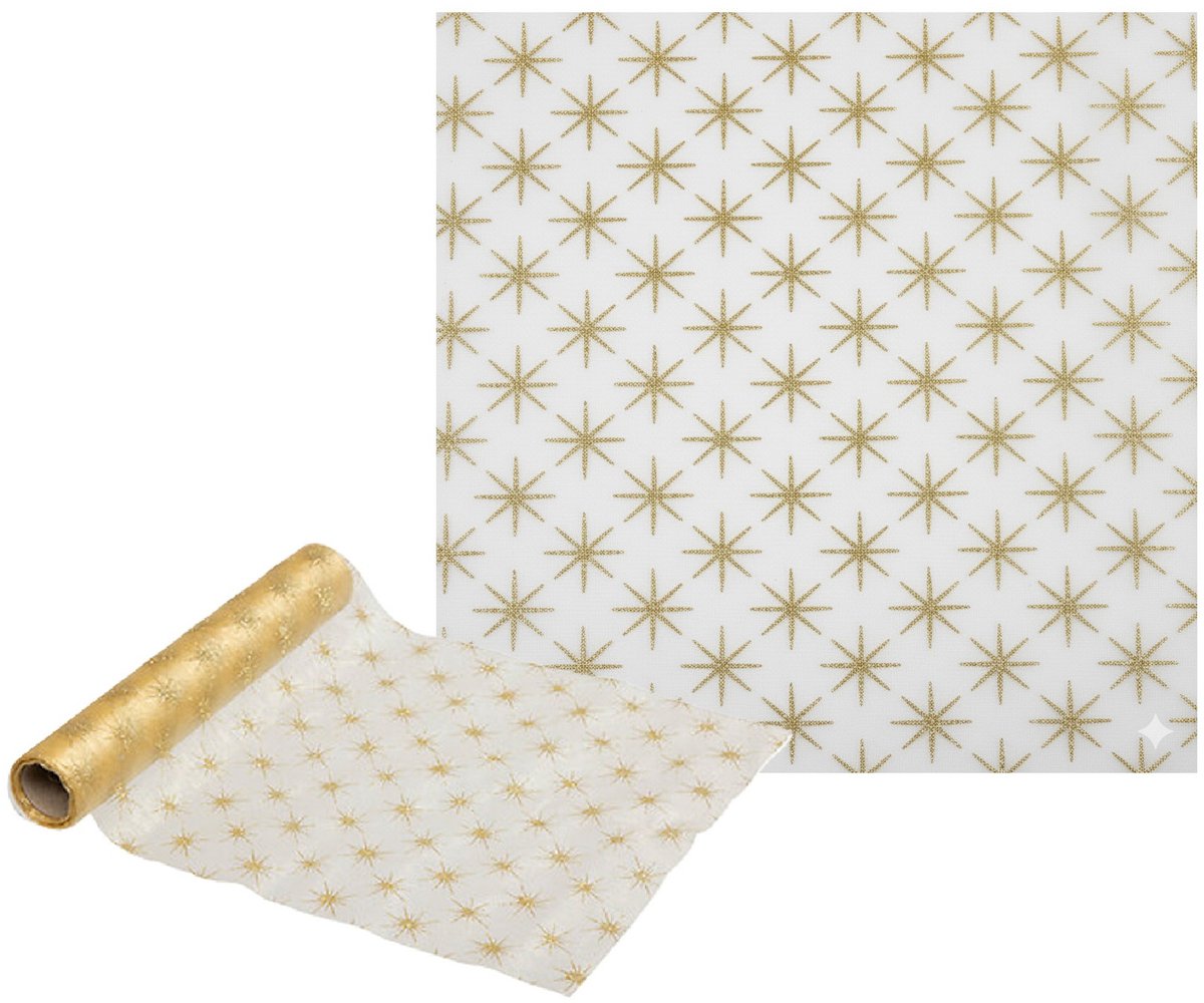 Feeric lights & Christmas Kerst stof/tafelloper - goud - sterren -500 x 28 cm - polyester - kerstdiner loper