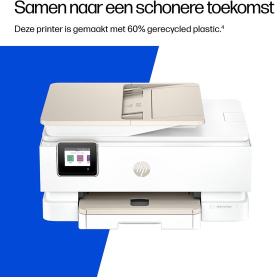 Witte HP Envy Photo printer met beige accenten, claimt 60% gerecycled plastic te bevatten.