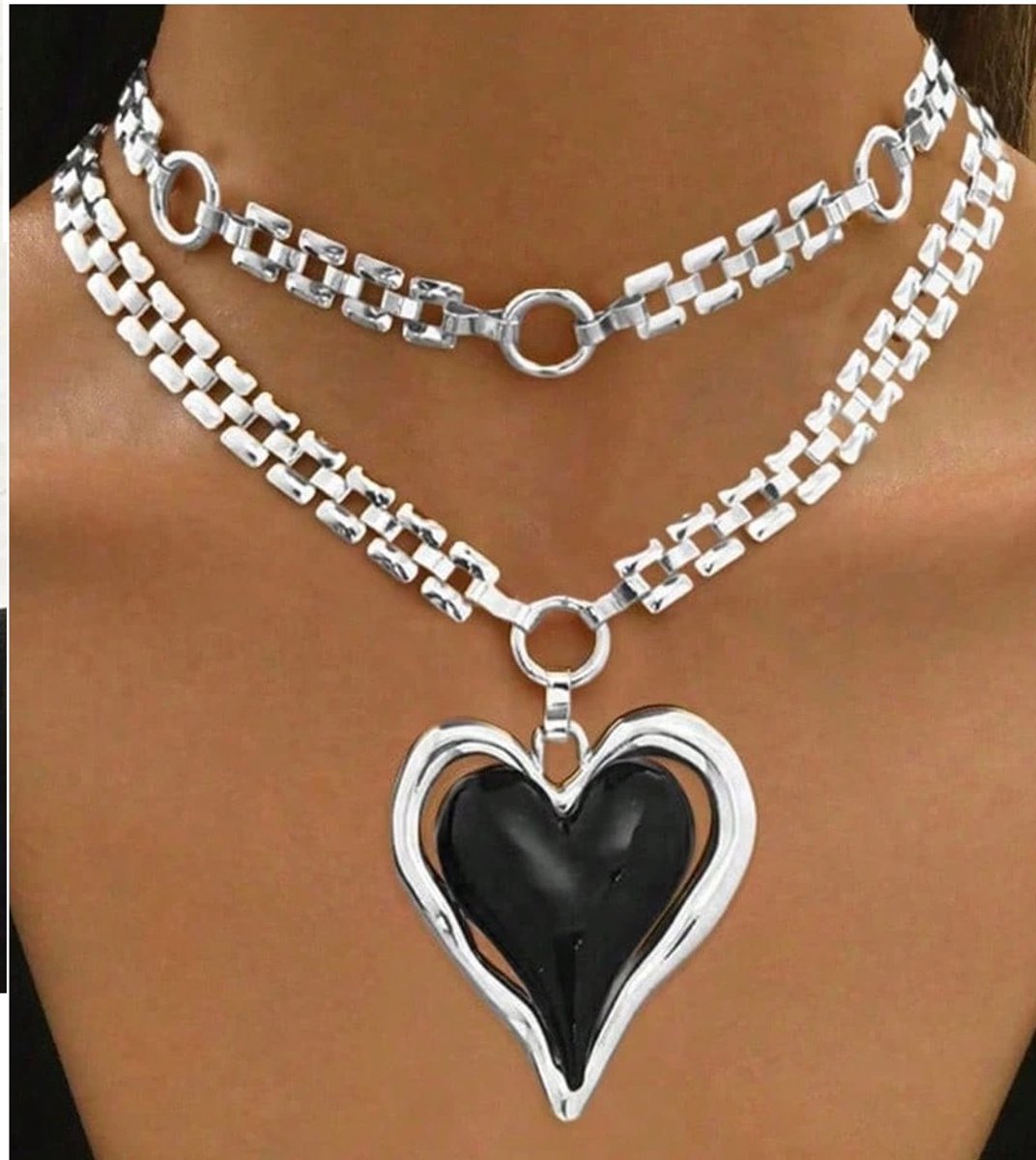 My Sweet Romance® - Meerlaagse zilverkleurige ketting met zwarte harthanger - 35 en 43 cm met 5 cm extra lengte