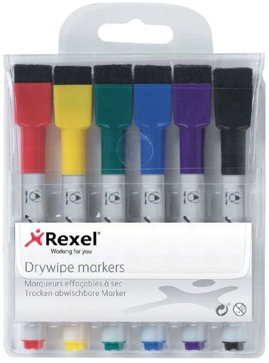 Emballage de six marqueurs à sec Rexel de couleur rouge, jaune, verte, bleue, violette et noire, avec effaceur intégré.