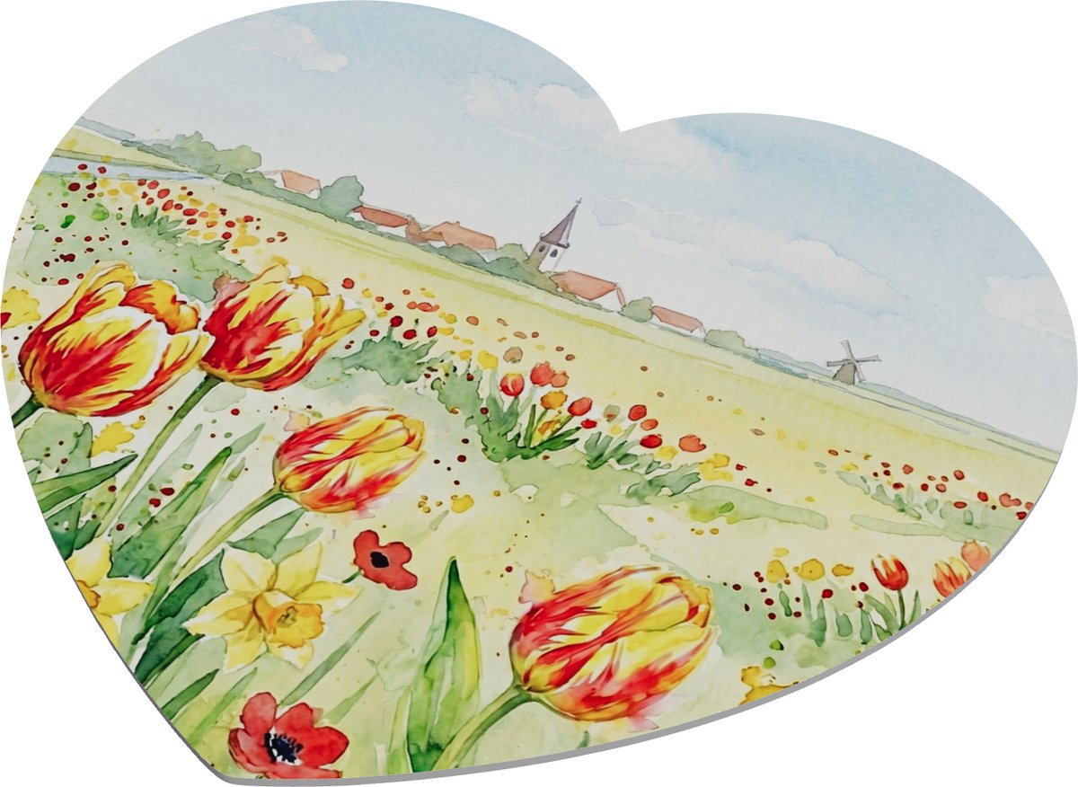 Hartvormige Muismat Aquarel Series Hollands Landschap met Tulpen en Molen - Typisch Nederlandse Lente Natuur Waterverf Print voor Bureau en Kantoor - Kleurrijk PC Accessoire Cadeau voor haar: Vriendin & Collega - Sfeervolle Thuiswerkplek