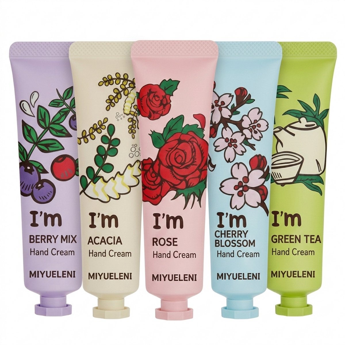 Miyueleni® 'I'm' Botanical Serie - Handcrème Cadeauset 5 stuks - 5 x 30g - Bloemen, Fruit & Thee - Voor Droge Handen Handverzorging Hydraterend - 5-pack