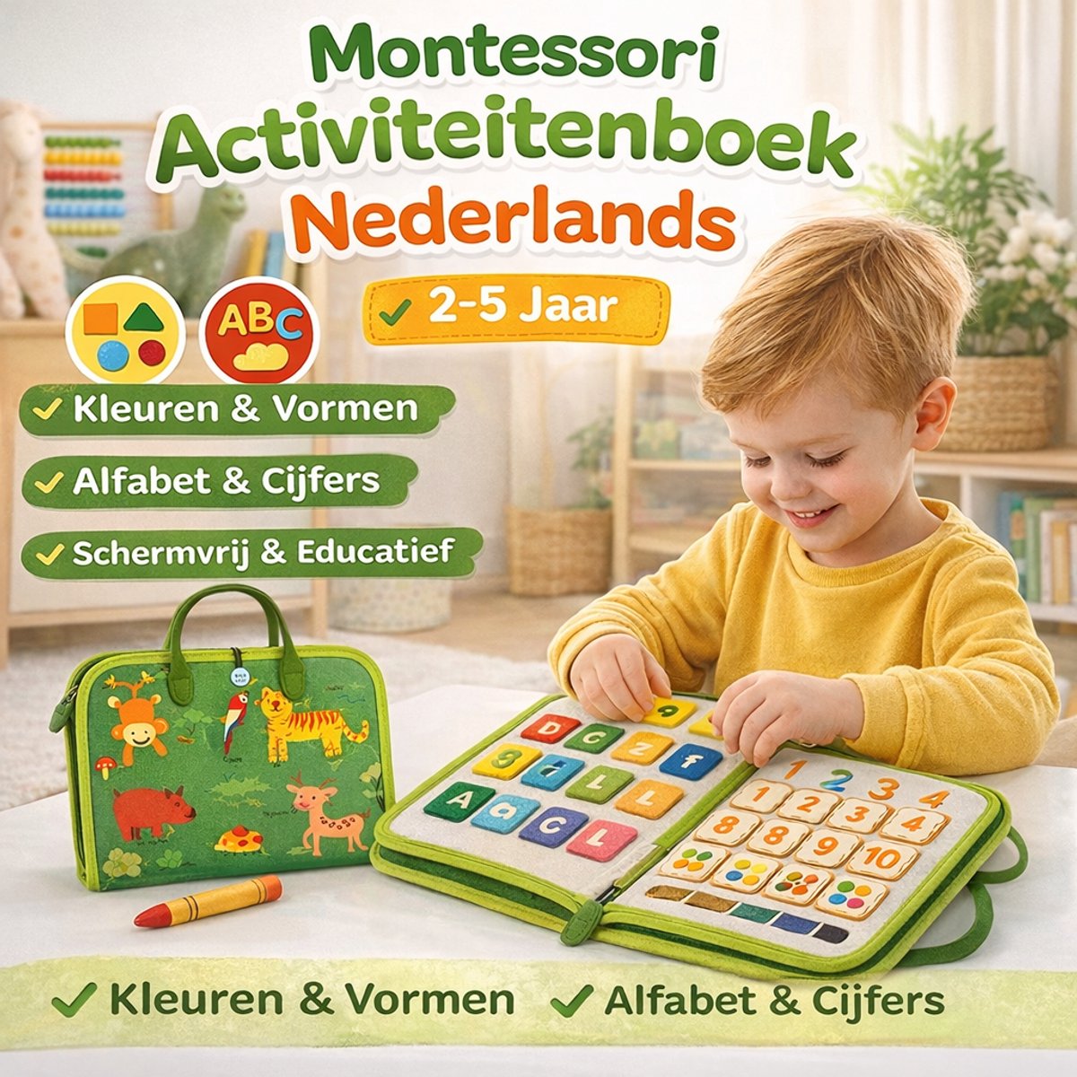 Montessori Activiteiten Boek - Nederlands - Busy Board - Perfect voor op Vakantie - 8-pagina's - Klok lezen - Activiteitenboek - Educatief Speelgoed - Dieren Groen - Leeftijd 2 - 4 Jaar — afbeelding 4