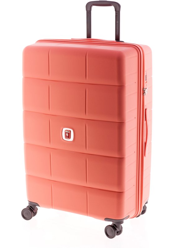 Gedeeltelijk open roze koffer met ribbels, TSA slot en handvat.