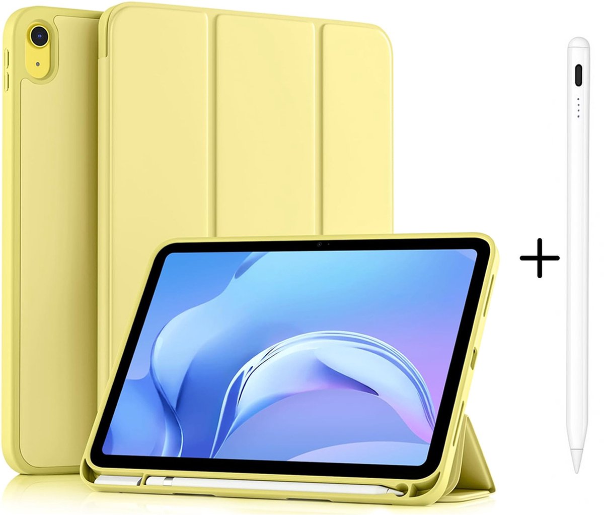 Casemania Stylus en Hoes Geschikt voor Apple iPad 2025 (A16) - Geel - Universeel Stylus Pen - Smart Cover met Pencil Slot Uitsparing
