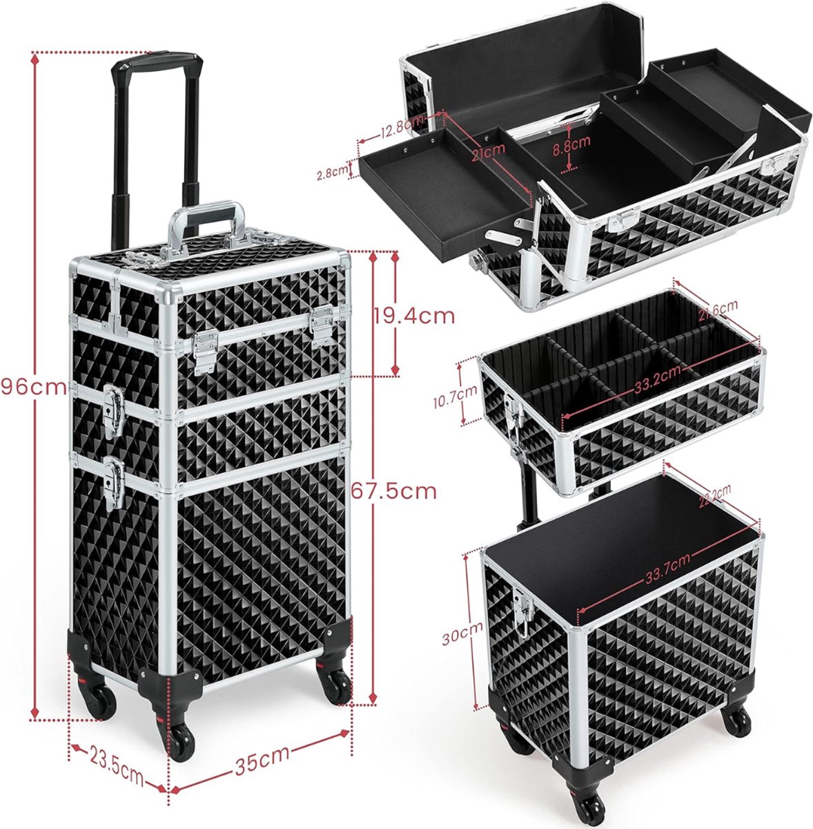 MIRA® Visagie Koffer - Make Up Organizer - Make Up Koffer - Zwart - 35cm x 24cm x 68cm