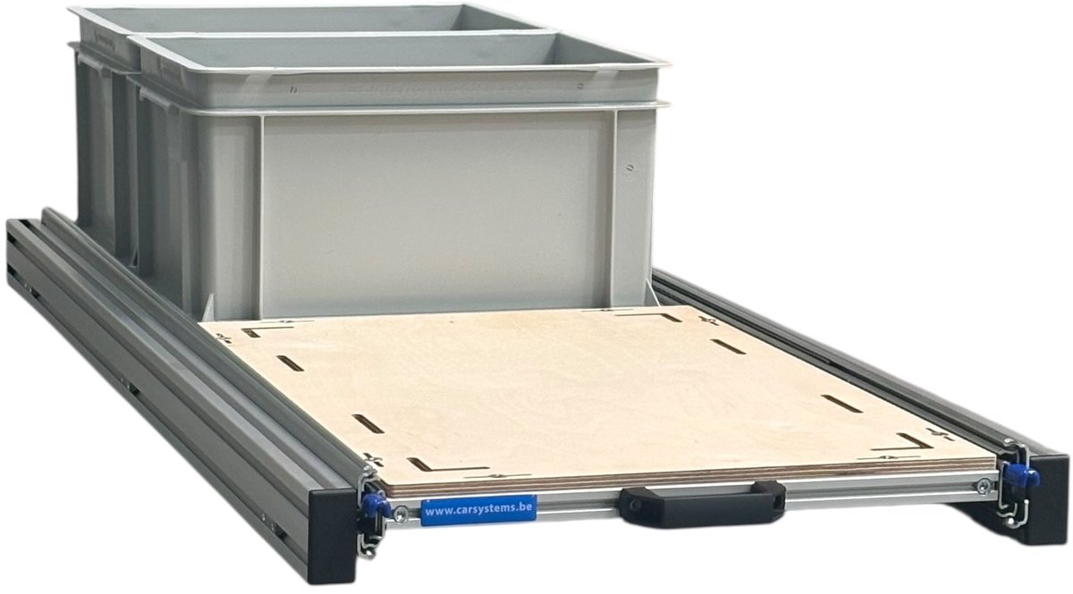 Schuifframe aluminium voor camper 120x40 cm inclusief 2 open bakken met multiplex berk 9 mm bovenplaat