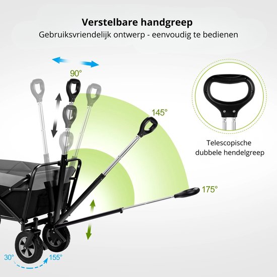 Novendo Goods - Opvouwbare handkar 100L – Strand- en tuin transportwagen met verstelbare handgreep 80-110 cm – 80 kg draagvermogen – Brede wielen met rem – Inklapbaar met zijvakken — afbeelding 4