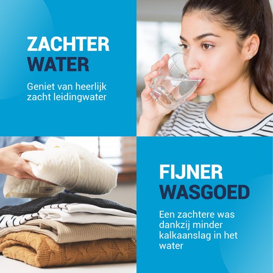 Vrouw drinkt zacht water, stapel zachte was. Geniet van heerlijk zacht leidingwater en fijner wasgoed.