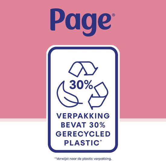 Page logo met recycling-icoon en tekst VERPAKKING BEVAT 30% GEREGYCLED PLASTIC.