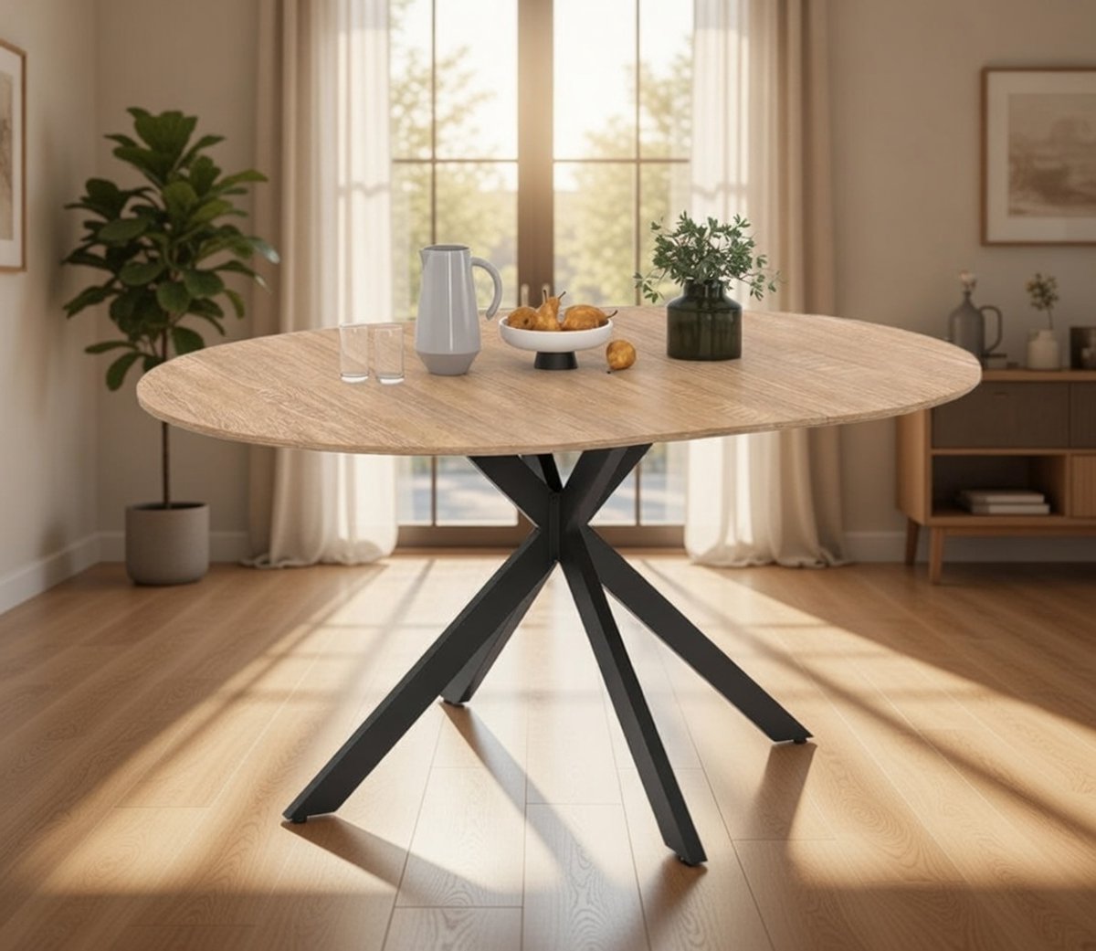 Serenaia Ronde Uitschuifbare Eettafel 110-150 cm - Industriële Eikenlook met Zwart Metalen Spinzwembad voor 4-8 Personen Casa Serena – 150 cm – Casa Dorada