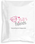 Witte verpakking van Isa's Friends met logo en tekst 'Everything for happy kids'.