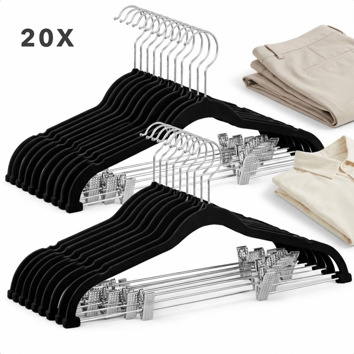 Cheqo® Broekhangers Met Knijpers - Knijperhangers - Rokhangers Met Knijpers - Kledinghangers Met Knijpers - Broekklem Hanger - Kledinghanger Met Klemmen - Zwarte Broekhangers Met Knijpers