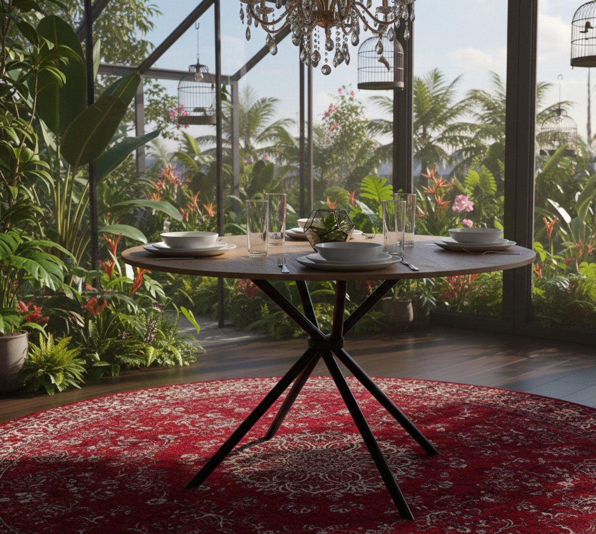 Ronde Eettafel Oslo - Modern Landhuis, Houtlook MDF, Zwarte X-Form Metalen Poten, 100 cm - Stijlvolle Scandinavische tafel voor 4 personen, Casa Serena – 100 cm – Casa Dorada